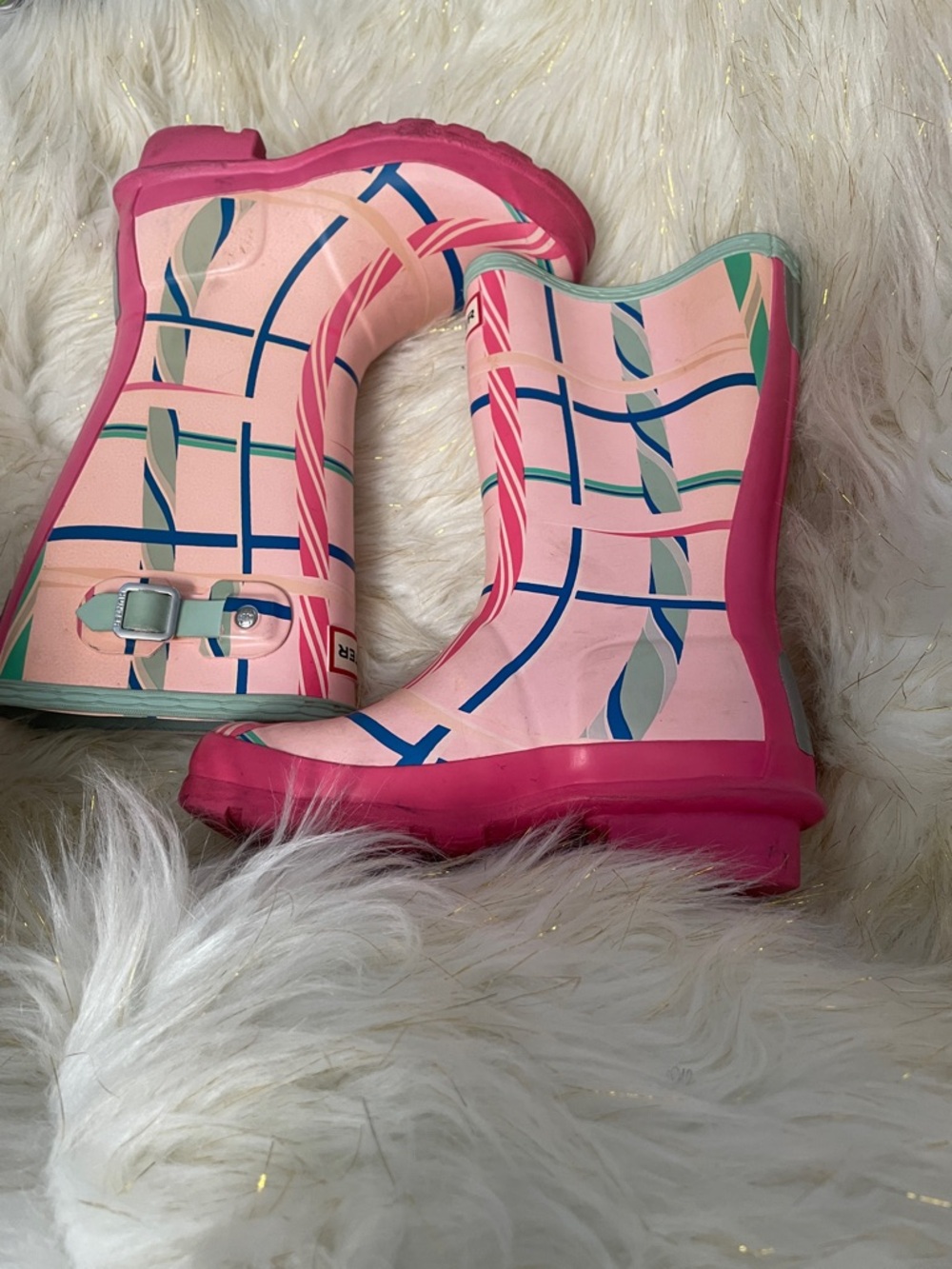 Hunter Pink and Teal Patterned Kids Rain Boots